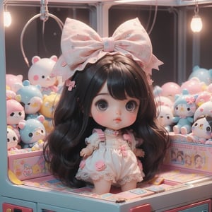 1girl, best quality, ultra-detailed, (((masterpiece))), (((best quality))), extremely detailed, ((claw machine)), ((claw is clamping a doll box up)), hand on bottom panel, control joystick and press button with hand, cleavage, big tits, ribbon, beige lace overalls, black updo longhair, shy, blush, petite figure proportion, claw machine, Glittering, cute and adorable, (perfect lighting, perfect shadow), dreamlike scenery,Realism, blending colors,vibrant hues, amazing photo, wearing dress pretty bow, Chibi, ,chibi