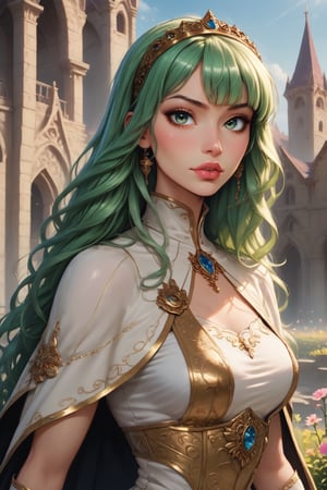 score_9, score_8_up, score_8, masterpiece, official art, ((ultra detailed)), (ultra quality), high quality, perfect face, 1 girl with long hair, blond-green hair with bangs, bronze eyes, detailed face, wearing a fancy ornate (((folk dress))), shoulder armor, armor, glove, hairband, hair accessories, striped, (holding the great weapon :1.4), jewelery, thighhighs, pauldrons, side slit, capelet, vertical stripes, looking at viewer, fantastical and ethereal scenery, daytime, church, grass, flowers. Intricate details, extremely detailed, incredible details, full colored, complex details, hyper maximalist, detailed decoration, detailed lines, best quality, HDR, dynamic lighting, perfect anatomy, realistic, more detail, Architecture, full juicy lips, perfect green eyes, (soft cute face)