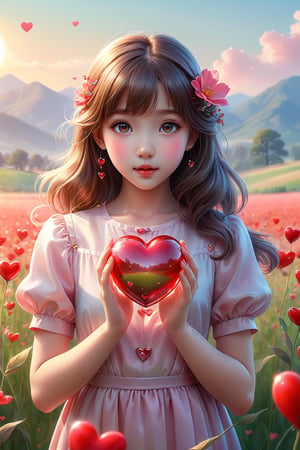 (masterpiece), (absurdres:1.3), (ultra detailed), HDR, UHD, 16K, ray tracing, vibrant eyes, perfect face, award winning photo, A silhouette of a young girl with flowing hair, standing in a field. She holds a red heart-shaped object, possibly a flower, in her hand. The background is framed within a heart shape, with a gradient of colors transitioning from a light beige at the top to a darker hue at the bottom. The overall mood of the image is serene and dreamy, evoking feelings of love and tranquility., painting, conceptual art, illustration shiny skin, (shy blush:1.1), (dynamic action pose:1.3) ,slightly smile, lens flare, photo quality, big dream eyes, ((perfect eyes, perfect fingers)) ,kawaii, (Sharp focus realistic illustration:1.2), adorable,