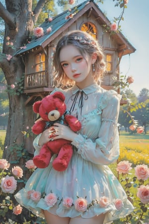 ultra detailed,  (masterpiece,  top quality,  best quality,  official art,  perfect face:1.2),  UHD,(cinematic,  azure and light pink:0.85),  (muted colors,  dim colors),  falling petals,  red roses , happiness, (wearing trendy fashion:1.4), chiffon sheer dress vanilla, (full field roses :1.4), (((hold a teddy bear))), dynamic posing, tree house, park, swing, cute_girl, pastel flowers , lilac, rose, Line art,1girl, Light master,More Reasonable Details,