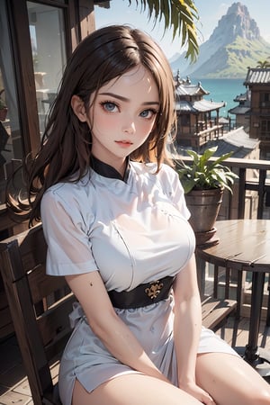 ultra detailed, (masterpiece, top quality, best quality, official art, perfect face:1.2), UHD, cinematic, (muted colors, dim colors), perfect face, perfect eyes, long-lenses photograph, realistic, 8K, 16K, with mountains and valleys, dynamic lighting, (1girl), in an outdoor restaurant overlooking the ocean, table has food and drinks, candles, vibrant colors, she is styling with a Hawaiian dress, detailed expressive eyes, bright mood lighting coconut tree, foliage, potted plants, treehouse, balcony, photorealistic, masterpiece, romance, Line art, ,Ground Mine Girl,GUQINGHAN,meidri