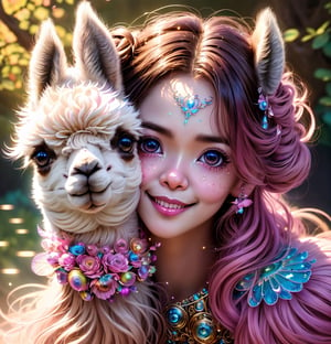 best quality,ultra-detailed,realistic,photorealistic:1.37 ,beautiful detailed eyes,beautiful detailed lips,  wearing adorable dress, cute smile, ((surrounded by cute alpaca)) , magical aura,whimsical, colorful sunshine ,rays of sunlight peeping through the trees,soft dappled light,peaceful atmosphere,magical creatures,playing around,sparkling fairy dust,soft glow,x,y,z style painting,blending colors,vibrant hues,dreamlike scenery,Realism, (masterpiece, best quality), (absurdres:1.3), (ultra detailed, ultra highres:1.1), cowboy shot, Waist up portrait, 8K, UHD, (sparkling eyes:1.3), art by Jean-Gabriel Domergue, a cute teenage girl, digital art, a ultra hd detailed painting, Jean-Baptiste Monge style, bright, beautiful, splash, Glittering, cute and adorable, filigree, rim lighting, lights, extremely, magic, surreal, fantasy, digital art, by wlop, by artgerm, (junji ito style:1.3) , (Andrei Belichenko style:1.3)