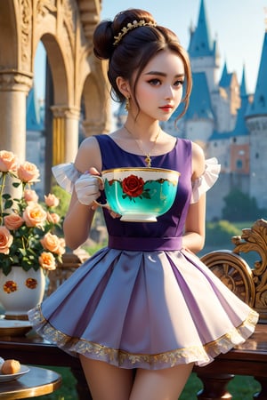 high resolution, (1 girl 15 years old), solo, ((extra wide shot)), Waist up portrait, (long hair:1.6), (hair bun), garnet hair color, purple eyes, (ultra detailed), High quality shadow, 4K, ((beautiful face)), beautiful body, (beauty skin), best quality, ((masterpiece)), vintage end table, (Full fry breakfast on sunny morning food), (vintage tea cup with hot tea with steamed), extremely detailed cg, suggestive, (intricate details: 1.3), slim waist, (high quality wear and cloth), Ruffle Pleated Chiffon taffy dress, realistic, illustration, (outdoor), peacock, look at viewer, best ratio four finger and one thumb, ((behind view:1.6)), (sunrise in the field),  ((arctic cloth color)), quality hand, High quality texture, a realistic representation of the face, (lie face down: 1.4), clear light, Red and peach roses in gold flower, ((an ancient fantasy city and castle background)), (Beautiful and clean nails), pearls, ornament