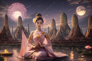 (((Night:1.5))), (Wat Arun Thailand:1.5), (Chao Phraya River:1.4), (best quality, ultra-detailed, 8K),beautiful face, 1 girl, solo, (detailed face:1.2), (Krathong floating on the river:1.5),
 (detailed background), (masterpiece:1.2), (ultra detailed), intricate, photography art, (gradients), colorful, detailed landscape, (realistic, illustration :1.2), cgi art, (((fireworks and lanterns background))),  UHD), brilliant color, rim light, Floating basket,  Sit nearby river, ((extra wide shot))

(Celebrating Loy Krathong in Thailand:1.5), (full moon:1.4), The sky is filled with beautiful lanterns ,Loy Krathong Festival, (Loy Krathong),

(Perfect shadow, perfect lighting),  ((bombshell hair or bun hair with bangs)), brown hair, rosy skin, perfect anatomy, perfect fingers, (angle below:1.4), cinematic, romanticism ,
((Purple-pink color, layers thai traditional dress)), 
(Lotus :1.3), (pink and purple sabai),(jewelry:1.2), (linekanok pattern:1.25), dress,  (((long sleeve)) ,linevichit, dark tone Dress, sabai, (Sabai:1.6), Sabai,Extremely Realistic, night sky view background,Thai Dress,Sabai,moon,sitting moon,floating lantern,