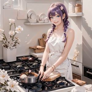 Masterpiece, beautiful details, perfect focus, 8K, high resolution, exquisite texture in every detail, 1girl, solo, looking at viewer, blush, smile, bangs, blue eyes, hair ornament, dress, hair between eyes, bare shoulders, jewelry, very long hair, full body, flower, (kitchen, cooking :1.4), short sleeves, sweet smile, teeth, water, bracelet,cook books, petals, bay window, depth of field, pink flower, outfit, dress, perfect light,pastel, Best quality, two legs, beautiful feet, 
purple hair, hair rings, twin braids, hair flower, hair ribbon,jzcg010,dqLaura