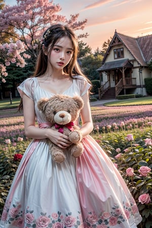 ultra detailed,  (masterpiece,  top quality,  best quality,  official art,  perfect face:1.2),  UHD,(cinematic, azure and light pink:1),  (muted colors,  dim colors),  falling petals , happiness, (trendy cloth :1.4), fashion dress, (full field roses :1.4), (((hold a teddy bear))), (dynamic action posing), tree house, park, swing, (pink-yellow sky :1.2), cute_girl, pastel flowers , lilac, rose, Line art,1girl, Light master