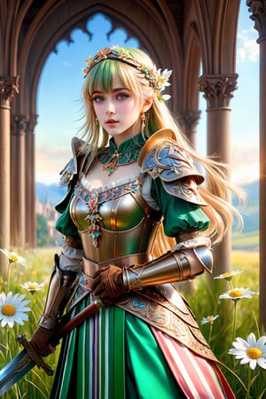 (masterpiece), (absurdres:1.3), (ultra detailed), HDR, UHD, 16K, ray tracing, vibrant eyes, perfect face, award winning photo, 1 girl with long hair, blond-green hair with bangs, bronze eyes, detailed face, wearing a fancy ornate (((folk dress))), shoulder armor, armor, glove, hairband, hair accessories, striped, (holding the great weapon:1.7), jewelery, thighhighs, pauldrons, side slit, capelet, vertical stripes, looking at viewer, fantastical and ethereal scenery, daytime, church, grass, flowers. Intricate details, extremely detailed, incredible details, full colored, complex details, hyper maximalist, detailed decoration, detailed lines, best quality, dynamic lighting, perfect anatomy, realistic, more detail, ,Architect, shiny skin, (shy blush:1.1), (dynamic action pose:1.3) ,slightly smile, lens flare, photo quality, big dream eyes, ((perfect eyes, perfect fingers)) ,kawaii, (Sharp focus realistic illustration:1.2), holding stuff, 
