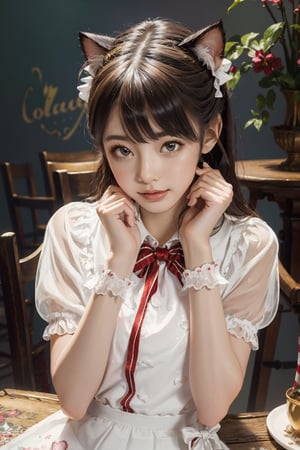 kawaii, (Realistic: 1.2), (illustration: 1.2), full body, (masterpiece:1.4), (best quality:1.1), high resolution illustration, coloful, intricate details, cinematic light, depth of field, (finely detailed face), (beautiful face:1.3), (extra wide shot:1.3), (white blouse:1.3), cute skirt, ((ultra-detailed hair)), brilliant color, 8K, 16K, UHD, HDR, 1girl , (official art :1.2), maid dress with cat ears,pet pose,paws, in pets cafe, 