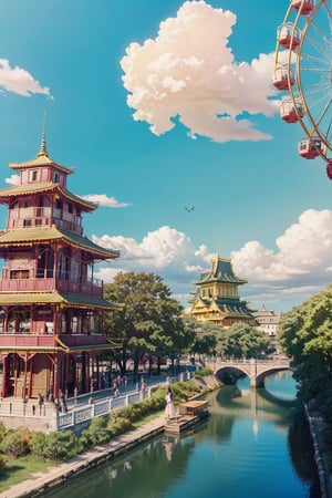 1girl, adorable, (ultra detailed, ultra highres), (masterpiece, top quality, best quality, official art :1.4), (high quality:1.3), cinematic, wide shot, (muted colors, dim colors), A whimsical cityscape under a bright blue sky with fluffy clouds and butterflies. The city features traditional wooden buildings and a fantastical structure that combines a castle, a pagoda, and a (Ferris wheel :1.3). The colors are vibrant and detailed. 4k, Ghiblism2-Ghibli, GhiblismDetailed2, Ghiblismkw2 extremely detailed CG, photorealistic,Anitoon2,Pastel color,