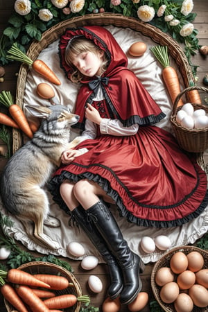 beautiful person, realistic, raw photo, masterpiece, best quality, aesthetic, little red riding hood \(grimm\), flower, blue_eyes , boots, cape, red dress Lolita, stocking, rabbit, lupin, basket, egg, carrot, food, (sleeping gray wolf :0.85) 