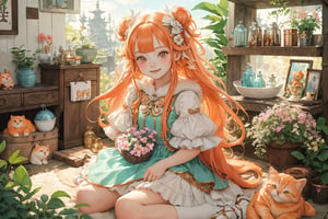 (best quality, ultra-detailed, cute animals,vivid colors,soft lighting,digital illustration,fluffy fur,playful expressions,adorable poses,dreamy atmosphere, colorful surroundings), (hime cut:1.5), digital art, child, cute cat, 16K, cool wallpaper, bun hair, things, jasmine, pillows, clutter, toy, basket, long hair, wood, pot, can copper, garden yard, circle face, smile, sharp focus, HDR, Add more details