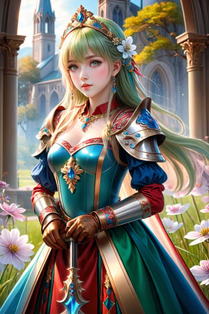 (masterpiece), (absurdres:1.3), (ultra detailed), HDR, UHD, 16K, ray tracing, vibrant eyes, perfect face, award winning photo, 1 girl with long hair, blond-green hair with bang, bronze eyes, detailed face, (crimson and bluemarine cloth), wearing a fancy ornate (((folk dress))), shoulder armor, armor, glove, hairband, hair accessories, striped, (holding the great weapon:1.7), jewelery, thighhighs, pauldrons, side slit, capelet, vertical stripes, looking at viewer, fantastical and ethereal scenery, daytime, church, grass, flowers. Intricate details, extremely detailed, incredible details, full colored, complex details, hyper maximalist, detailed decoration, detailed lines, best quality, dynamic lighting, perfect anatomy, realistic, more detail,Architect, shiny skin, (shy blush:1.1), (dynamic action pose:1.3) ,slightly smile, lens flare, photo quality, big dream eyes, ((perfect eyes, perfect fingers)) ,kawaii, (Sharp focus realistic illustration:1.2), adorable,