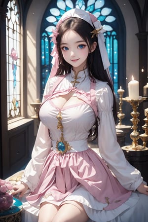 1girl, solo, (masterpiece), (absurdres:1.3), (ultra detailed), HDR, UHD, 16K, ray tracing, vibrant eyes, perfect face, award winning photo, beautiful, shiny skin, (highly detailed), clear face, teenage cute delicate girl, (shy blush:1.1), (high quality, high res, aesthetic:1.1), (dynamic action pose:1.3) ,slightly smile, lens flare, photo quality, big dream eyes, ((perfect eyes, perfect fingers)), iridescent brown hair, vivid color, perfect lighting, perfect shadow, realistic, stunning light, (atmosphere :1.6), nice hands, insane details ,high details ,kawaii, (extra wide shot: 1.8)

(Sharp focus realistic illustration:1.2), a giant glass sphere containing a small ecosystem, surrounded by measurement devices is installed in large-scale factory, a girl Priest stands next to the sphere, divine magic, sacred texts, ceremonial robes, incense, healing spells, blessing rituals, BREAK intricate illustrations, delicate linework, fine details, whimsical patterns, enchanting scenes, dreamy visuals, captivating storytelling, church and stain glass background, messy interior, book, elemental, feature,Alouette_La_Pucelle,emilia (re:zero),flower, ((pink gold style)),Add more details,davincitech
