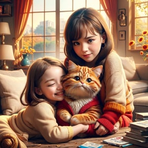 Whimsical folk art picture of a (little girl) and (cat) hugging each other.
,Perfect skin,
(masterpiece,more detail:1.1), (best quality:1.3), 
,scarlet_a,1boy,kr1