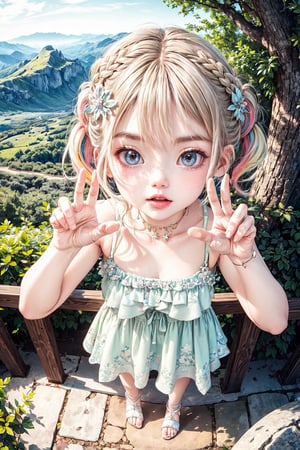 (best quality),(masterpiece:1.1),(extremely detailed CG unity wallpaper:1.1), (colorful cloth :1.3),(panorama shot:1.4),looking at viewer, from above, high res, detailed face, detailed eyes, 1 girl, solo, short-bob roughtly cut and two braided hair-bangs tied behind her head, cute hairstyle, full body, mountain forest , outdoors, (perfect fingers :1.4), perfect face, five fingers for each hand, (in love pose :1.4), fantasy, Exquisite face