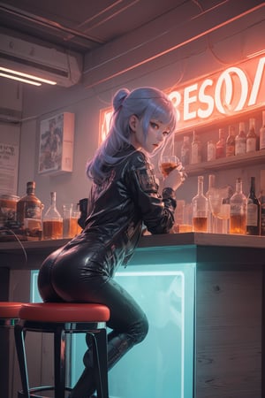 (ultra detailed, ultra highres), (masterpiece, top quality, best quality, official art :1.4), (high quality:1.3), A sultry sexual android perches on a stool, its metallic curves glistening under the pulsing neon lights of the cyberpunk club. The air is thick with the sweet scent of smoky whiskey and the murmur of hushed conversations. Before it, a rainbow-colored drink glows like a miniature cityscape, awaiting the android's selection. Its gaze, a piercing fusion of human and machine, holds the promise of intimacy and connection for anyone brave enough to approach, Movie Poster, 