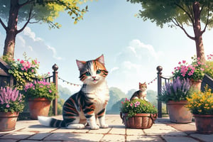 (best quality,ultra-detailed,cute animals,vivid colors,soft lighting,digital illustration,fluffy fur,playful expressions,adorable poses,dreamy atmosphere,colorful surroundings), (art by Makoto :1.5), digital art, child, cute cat, 16K, cool wallpaper, things, jasmine, pillows, clutter, toy, basket, wood, pot, can copper, garden yard, circle face, smile, sharp focus, HDR, cute hair,onitsukaAdd more details