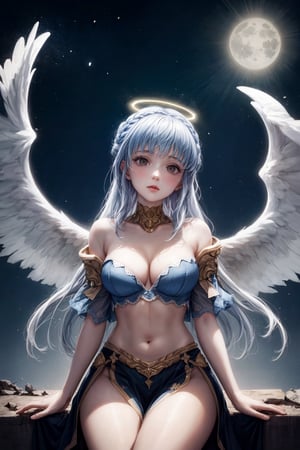 (perfect face), top quality, (official art :1.2), UHD, 16K, 8K, warm glow, (high quality:1.3), (masterpiece, best quality:1.4), ultra-detailed, illustration, (beautiful detailed eyes), beautiful, amazing, (detailed skin), (shiny skin), 1girl,solo,angel girl, tattered church, rubble, scattered glass,white hair, long hair, fluttering hair, halo, ahoge, splendid priestly clothes, big wings, white wings, sit, waliza, hands between legs,looking up , particle , whole body, cowboy shot,moonlight, natural light,{{{{masterpiece}}}}, {{{hyper detailed}}}, {{{highres}}}, {{{8k}}}, {{perfect body}}, {{beautiful detailed eyes}}, {{colorful}}, {{vivid color}},asaka_mayama_areyoutheonlyonewholovesme, crown braid, pelvic curtain, bare shoulders