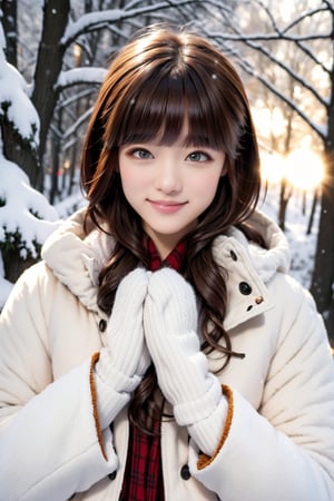 (best quality:1.05), 1girl, winter clothes, detailed clothes, high quality winter clothes, intricate detail, mittens, smiling, cold, forest village, snow, snowing, sun rays, shining, dawn, setting sun, cat ears, orange eyes, white winter jacket, dynamic lighting, intricate detail,