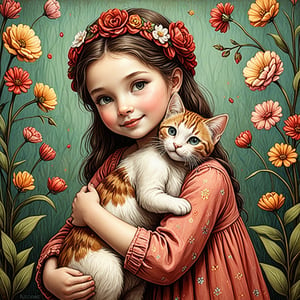 Whimsical folk art picture of a (little sweet girl) and (cat) hugging each other.
,Perfect skin
