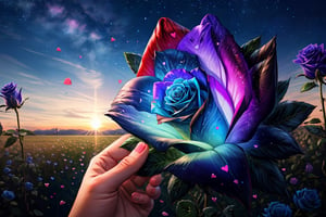 (close-shot photo:1.4) , falling petals, purple roses, multicolor rose, happiness, (action hearts:1.4), (full field roses :1.4), (blue rose in recreation Vehicle: 1.5), flowers, rose, Nature, colorful, exposure blend, medium shot, bokeh, high contrast, (muted colors, dim colors, soothing tones:1.3), low saturation, Adorable cloth, shiny, luxury red off the shoulder full skirt vintage swing dress, (high quality:1.3), (masterpiece, best quality:1.4), (ultra detailed, 8K, 4K, ultra highres), (Beautifully Detailed Face and Fingers), (Five Fingers) Each Hand, nice hands, (perfect fingers, perfect hands :1.3), sharp focus, professional dslr photo, (Photorealistic:1.4), UHD, HDR, volumetric fx, (((intricate details))), extremely detailed CG, cinematic photo, perfect photography, professional, perfect sky, shiny, glitter, gradient color all fluentcolor, (professional photograpy:1.1),