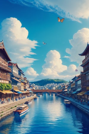 (ultra detailed, ultra highres), (masterpiece, top quality, best quality, official art :1.4), (high quality:1.3), cinematic, wide shot, (muted colors, dim colors), A whimsical cityscape under a bright blue sky with fluffy clouds and butterflies. The city features traditional wooden buildings and a fantastical structure that combines a castle, a pagoda, and a Ferris wheel. The colors are vibrant and detailed. 4k, Ghiblism2-Ghibli, GhiblismDetailed2, Ghiblismkw2 extremely detailed CG, photorealistic,
