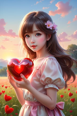 (masterpiece), (absurdres:1.3), (ultra detailed), HDR, UHD, 16K, ray tracing, vibrant eyes, perfect face, award winning photo, A silhouette of a young girl with flowing hair, standing in a field. She holds a red heart-shaped object, possibly a flower, in her hand. The background is framed within a heart shape, with a gradient of colors transitioning from a light beige at the top to a darker hue at the bottom. The overall mood of the image is serene and dreamy, evoking feelings of love and tranquility., painting, conceptual art, illustration shiny skin, (shy blush:1.1), (dynamic action pose:1.3) ,slightly smile, lens flare, photo quality, big dream eyes, ((perfect eyes, perfect fingers)) ,kawaii, (Sharp focus realistic illustration:1.2), adorable,