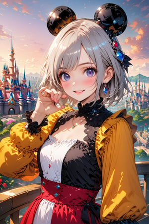 (best quality),(masterpiece:1.1),(extremely detailed CG unity wallpaper:1.1), (colorful:0.9),(panorama shot:1.4),upper body,looking at viewer,from above,2 girls ,15yo, (Disney princess costume:1.6), (Disney land Tokyo background :1.4), fun, smile, flowers (innocent grey), 16K, UHD, HDR, rose, twilight, perfect shadow, perfect fingers, perfect face, (dynamic funny pose :1.4),portrait,style,2b-Eimi,extremely detailed