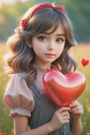 (masterpiece), (absurdres:1.3), (ultra detailed), HDR, UHD, 16K, ray tracing, vibrant eyes, perfect face, award winning photo, A silhouette of a young girl with flowing hair, standing in a field. She holds a red heart-shaped object, possibly a flower, in her hand. The background is framed within a heart shape, with a gradient of colors transitioning from a light beige at the top to a darker hue at the bottom. The overall mood of the image is serene and dreamy, evoking feelings of love and tranquility., painting, conceptual art, illustration shiny skin, (shy blush:1.1), (dynamic action pose:1.3) ,slightly smile, lens flare, photo quality, big dream eyes, ((perfect eyes, perfect fingers)) ,kawaii, (Sharp focus realistic illustration:1.2), adorable, (balloon:1.2)