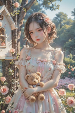 ultra detailed,  (masterpiece,  top quality,  best quality,  official art,  perfect face:1.2),  UHD,(cinematic,  azure and light pink:0.85),  (muted colors,  dim colors),  falling petals,  red roses , happiness, (wearing trendy fashion:1.4), chiffon sheer dress vanilla, (full field roses :1.4), (((hold a teddy bear))), dynamic posing, tree house, park, swing, cute_girl, pastel flowers , lilac, rose, Line art,1girl, Light master,More Reasonable Details,emo