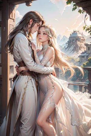 ultra detailed, (masterpiece, top quality, best quality, official art, perfect face:1.2), UHD, cinematic, (muted colors, dim colors), perfect face, perfect eyes, long-lenses photograph, realistic, 8K, 16K, with mountains and valleys, sun and the moon skimpy silhouettes romantically kissing in the sky that is both day wand night , heart, romance, ((flowers, light rose , Plumeria)), stunning light, wind is blowing, couple, (1girl shiny long hair, long dress:1.4), (1boy short hair style :1.4), photorealistic, masterpiece, couple, romance, (renaissance costume), (classic romance novels),Line art, prince,liselottecretia