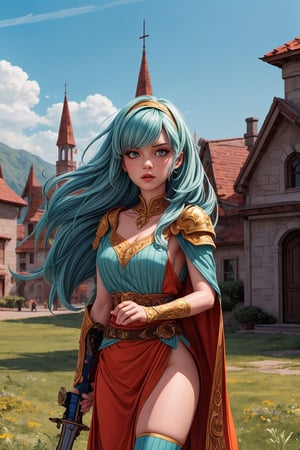 masterpiece, official art, ((ultra detailed)), (ultra quality), high quality, perfect face, 1 girl with long hair, blond-green hair with bangs, bronze eyes, detailed face, wearing a fancy ornate (((folk dress))), shoulder armor, armor, glove, hairband, hair accessories, striped, (holding the great weapon:1.7), jewelery, thighhighs, pauldrons, side slit, capelet, vertical stripes, looking at viewer, fantastical and ethereal scenery, daytime, church, grass, flowers. Intricate details, extremely detailed, incredible details, full colored, complex details, hyper maximalist, detailed decoration, detailed lines, best quality, HDR, dynamic lighting, perfect anatomy, realistic, more detail, Architect,Yumika_animahjong_x