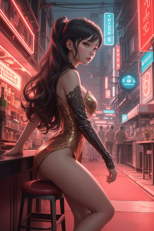 (ultra detailed, ultra highres), (masterpiece, top quality, best quality, official art :1.4), (high quality:1.3), A sultry sexual android perches on a stool, its metallic curves glistening under the pulsing neon lights of the cyberpunk club. The air is thick with the sweet scent of smoky whiskey and the murmur of hushed conversations. Before it, a rainbow-colored drink glows like a miniature cityscape, awaiting the android's selection. Its gaze, a piercing fusion of human and machine, holds the promise of intimacy and connection for anyone brave enough to approach, Movie Poster, 