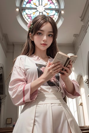1girl, solo, (masterpiece), (absurdres:1.3), (ultra detailed), HDR, UHD, 16K, ray tracing, vibrant eyes, perfect face, award winning photo, beautiful, shiny skin, (highly detailed), clear face, teenage cute delicate girl, (shy blush:1.1), (high quality, high res, aesthetic:1.1), (dynamic action pose:1.3) ,slightly smile, lens flare, photo quality, big dream eyes, ((perfect eyes, perfect fingers)), iridescent brown hair, vivid color, perfect lighting, perfect shadow, realistic, stunning light, (atmosphere :1.6), nice hands, insane details ,high details ,kawaii, (extra wide shot: 1.8)  (Sharp focus realistic illustration:1.2), a giant glass sphere containing a small ecosystem, surrounded by measurement devices is installed in large-scale factory, a girl Priest stands next to the sphere, divine magic, sacred texts, ceremonial robes, incense, healing spells, blessing rituals, BREAK intricate illustrations, delicate linework, fine details, whimsical patterns, enchanting scenes, dreamy visuals, captivating storytelling, church and stain glass background, messy interior, book, elemental, feature,flower, ((pink gold style)),more detailnice hands, perfect fingers, dynamic posing, cute girl,flowers,rose,Line art,1girl,aanozomi,pink theme,zlzzlz