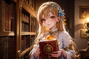 Masterpiece, Best Quality, highres, hyper detailed, A young librarian stands guard over a towering bookcase, holding a glowing orb. Ancient magic crackles around her, protecting the hidden knowledge within. (Mood: Mystical, protective. Setting: Grand library filled with ancient tomes and mystical artifacts. Color tone: Warm yellows, browns, and soft glows from the orb),jewel pet