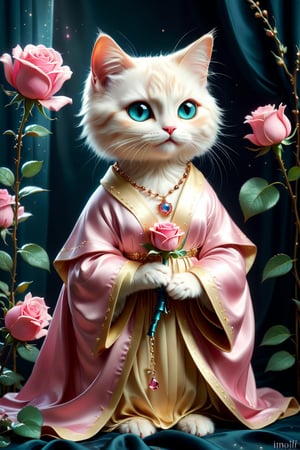 royal cat holding pink rose,clad in opulent robe,moonshine necklace,Little love around,floral sheet music background
Oil painting inspired by the style of Silke Leffler, Lisbeth Zwerger, Rebecca Dautremer, and  sandro nardini,
sharp focus, emotive brushstrokes,
strong chiaroscuro for heightened contrast between light and shadows,
creating a tangible sense of depth and perspective, realistic drawings,More Details, stworki