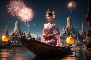(((Night:1.5))), (Wat Arun Thailand:1.5), (Chao Phraya River:1.4), (best quality, ultra-detailed, 8K),beautiful face, 1 girl, solo, (detailed face:1.2), (floating a Krathong on the river:1.5),
 (detailed background), (masterpiece:1.2), (ultra detailed), intricate, photography art, (gradients), colorful, detailed landscape, (realistic, illustration :1.2), cgi art, (((fireworks and lanterns background))),  UHD), brilliant color, rim light, Floating basket,  Sit nearby river, ((extra wide shot))

(Celebrating Loy Krathong in Thailand:1.5), (full moon:1.4), The sky is filled with beautiful lanterns ,Loy Krathong Festival, (Loy Krathong),

(Perfect shadow, perfect lighting),  ((bombshell hair or bun hair with bangs)), brown hair, rosy skin, perfect anatomy, perfect fingers, (angle below:1.4), cinematic, romanticism ,
((Purple-pink color, layers thai traditional dress)), 
(Lotus :1.3), (pink and purple sabai),(jewelry:1.2), (linekanok pattern:1.25), dress,  (((long sleeve)) ,linevichit, dark tone Dress, sabai, (Sabai:1.6), Sabai,Extremely Realistic, night sky view background,Thai Dress,Sabai,moon,sitting moon,floating lantern,