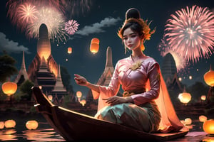 (((Night:1.5))), (masterpiece, best quality, ultra-detailed, 8K), 1 girl, solo, (realistic, illustration :1.2), cgi art, (((fireworks and lanterns background))),  UHD), brilliant color, rim light, Floating basket,  Sit nearby river, ((extra wide shot))

(Celebrating Loy Krathong in Thailand:1.5), (full moon:1.4), The sky is filled with beautiful lanterns ,Loy Krathong Festival, (Loy Krathong),

(Perfect shadow, perfect lighting),  ((bombshell hair or bun hair with bangs)), brown hair, rosy skin, perfect anatomy, (angle below:1.4)
((Purple-pink color, layers thai traditional dress)), 
(Lotus :1.2), (pink sabai),(jewelry:1.2), (linekanok pattern:1.25), dress,  (((long sleeve)) ,linevichit, dark tone Dress, sabai, (Sabai:1.6), Sabai,Extremely Realistic, night sky view background,Thai Dress,Sabai,moon,sitting moon,floating lantern,