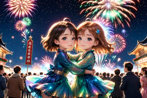 People,  girl,  boy,  The parade float has signs welcoming the New Year,  the atmosphere is fun and full of happiness. The sky was filled with colorful fireworks. In the front is a couple facing each other (Realistic:1.4),  illustration,  Adorable cloth, bioluminescent dress,shiny   (high quality:1.3),  (masterpiece,  best quality:1.4),  (ultra detailed,  8K,  4K,  ultra highres),  sharp focus,  professional dslr photo,  photoreal,  (Photorealistic:1.4),  UHD,  HDR,  volumetric fx,  ray tracing,  (((intricate details))),  extremely detailed CG,  perfect anatomy,  perfect face,  beautiful,  cinematic photo,  romantic tone,  vibrant colors,  perfect photography,  professional,  perfect sky,  In front are dear friends hugging each other happily,  ((text as "Happy New Year 2024",  brush cute style, copper style)),  Text,  bioluminescent dress,shiny , glitter, gradient color all fluentcolor transparent cloth, bioluminescent dress,shiny, (professional photograpy:1.1), ,(anime)