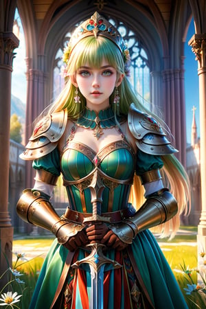 (masterpiece), (absurdres:1.3), (ultra detailed), HDR, UHD, 16K, ray tracing, vibrant eyes, perfect face, award winning photo, 1 girl with long hair, blond-green hair with bangs, bronze eyes, detailed face, wearing a fancy ornate (((folk dress))), shoulder armor, armor, glove, hairband, hair accessories, striped, (holding the great weapon:1.7), jewelery, thighhighs, pauldrons, side slit, capelet, vertical stripes, looking at viewer, fantastical and ethereal scenery, daytime, church, grass, flowers. Intricate details, extremely detailed, incredible details, full colored, complex details, hyper maximalist, detailed decoration, detailed lines, best quality, dynamic lighting, perfect anatomy, realistic, more detail, ,Architect, shiny skin, (shy blush:1.1), (dynamic action pose:1.3) ,slightly smile, lens flare, photo quality, big dream eyes, ((perfect eyes, perfect fingers)) ,kawaii, (Sharp focus realistic illustration:1.2), holding stuff, 