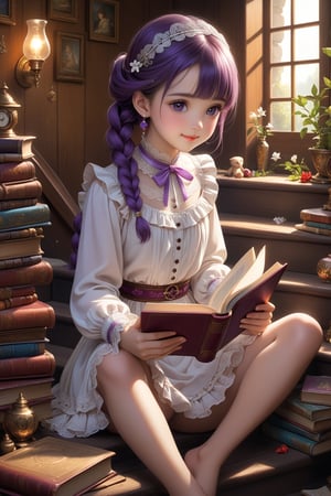 beautiful details, perfect focus,high resolution, exquisite texture in every detail, looking at viewer, blush, smile, bangs, copper eyes, hair ornament, purple hair, hair rings, twin braids, hair ribbon, hair between eyes, 
adorable girl dressed in a (Bisque Doll-like girl outfit: 1.1) The charming ensemble features a frilly collar and cuffs, with delicate lace details, ((1girl 15yo)), (female child, loli:1.3),  ((waist up body of Dilraba Dilmurat)), (Realistic: 1.2), (illustration: 1.2), (perfect eyes:1.3, perfect face:1.3), long eyelashes, perfect lighting, perfect shading, (best quality, masterpieces), (realphoto , photographic, 35mm f2.0:1.4),(Western, old school :1.2), fantasy, (beautiful girl:1.2), (beautiful face:1.2), (Small room, cluttered room, stairs:1.2),(book:1.6), Books are scattered all over the place, colorful dynamic, (sitting_on_stairs:0), sitting, (reading a book, looking at book,looking at another:1.4), expressionless, dutch angle, barefoot, side lighting, dynamic color hair,
(ultra-detailed, vivid colors,soft lighting, digital illustration) expressions, (dreamy atmosphere, colorful surroundings), digital art, 8K, 16K, cool wallpaper, things, jasmine, pillows, clutter, wood toy, sharp focus, HDR, Add more details,perfect fingers,