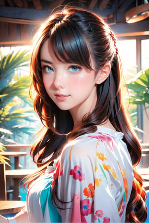 kawaii, (Realistic: 1.2), (illustration: 1.2), (in cafe:1.5), full body, (masterpiece:1.4), (best quality:1.1), high resolution illustration, coloful, intricate details, cinematic light, depth of field, (finely detailed face), (beautiful face:1.3), (extra wide shot:1.3), (white blouse:1.3), ((ultra-detailed hair)), brilliant color, 8K, 16K, UHD, HDR, ultra detailed, perfect light, perfect shadows, David Hockney and Vincent Van Gogh, Blue and orange, Tempera painting, Colorful Shadows, Rounded edges on everything, A view from inside a Florida beach house, ocean, palm trees, moonstone tones, sunset, beautiful ocean, secluded, tropical paradise, correct wave direction toward the beach, cinematic smooth, volumetric lighting, ray tracing, high dynamic range, ultra-realistic, complex detail, atmospheric, maximalist digital matte painting, detailed matte painting, detailed, fantastical, splash screen, complementary colors, fantasy concept art, resolution, centered, divine bright, cinematic smooth, volumetric lighting, creative, surreal hallucinatory intricately detailed sharp focus, professional ominous concept art, an intricate, grunge textures, clean and bold, cinematic composition, golden ratio, pencil and kneaded eraser, sharp focus, ambient occlusion, backface lighting, rim light, pastel colors, sense of depth, trending on zbrush central highly detailed, maximalist digital matte painting, detailed matte painting, fantastical, splash screen, complementary colors, fantasy concept art, centered, symmetry, heavenly sunshine beams, divine bright, sharp focus,DonMD0n7P4n1c,Colors,********