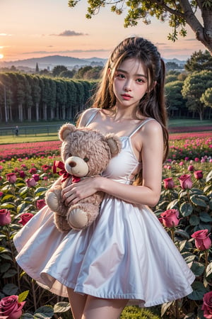 ultra detailed,  (masterpiece,  top quality,  best quality,  official art,  perfect face:1.2),  UHD,(cinematic, azure and light pink:1),  (muted colors,  dim colors),  falling petals , happiness, (trendy cloth :1.4), fashion dress, (full field roses :1.4), (((hold a teddy bear))), (dynamic action posing), tree house, park, swing, (pink-yellow sky :1.2), cute_girl, pastel flowers , lilac, rose, Line art,1girl, Light master