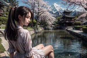 ((1girl)),solo, long hair, brown hair, black hair, dress, sitting, ponytail, outdoors, sky, day, cloud, water, from behind, white dress, tree, cherry blossoms, building, instrument, scenery, reflection, mountain, watercraft, architecture, house, bridge, east asian architecture, river, boat,