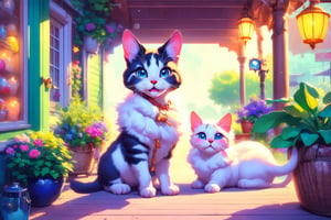 (best quality,ultra-detailed,cute animals,vivid colors,soft lighting,digital illustration,fluffy fur,playful expressions,adorable poses,dreamy atmosphere,colorful surroundings), (art by Makoto :1.5), digital art, child, cute cat, 16K, cool wallpaper, things, jasmine, pillows, clutter, toy, basket, wood, pot, can copper, garden yard, circle face, smile, sharp focus, HDR,Cosplay,onitsuka_natsumi_lovelivesuperstar,Add more details