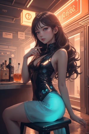 (ultra detailed, ultra highres), (masterpiece, top quality, best quality, official art :1.4), (high quality:1.3), A sultry sexual android perches on a stool, its metallic curves glistening under the pulsing neon lights of the cyberpunk club. The air is thick with the sweet scent of smoky whiskey and the murmur of hushed conversations. Before it, a rainbow-colored drink glows like a miniature cityscape, awaiting the android's selection. Its gaze, a piercing fusion of human and machine, holds the promise of intimacy and connection for anyone brave enough to approach, Movie Poster, 