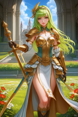 score_9, score_8_up, score_8, masterpiece, official art, ((ultra detailed)), (ultra quality), high quality, perfect face, 1 girl with long hair, blond-green hair with bangs, bronze eyes, detailed face, wearing a fancy ornate (((folk dress))), shoulder armor, armor, glove, hairband, hair accessories, striped, (holding the great weapon :1.4), jewelery, thighhighs, pauldrons, side slit, capelet, vertical stripes, looking at viewer, fantastical and ethereal scenery, daytime, church, grass, flowers. Intricate details, extremely detailed, incredible details, full colored, complex details, hyper maximalist, detailed decoration, detailed lines, best quality, HDR, dynamic lighting, perfect anatomy, realistic, more detail, Architecture, full juicy lips, perfect green eyes, (soft cute face)