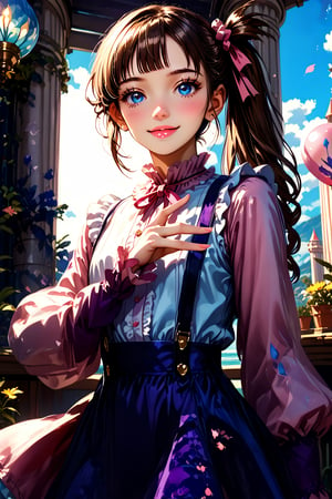 score_9_up, score_8_up, score_7_up, masterpiece, official art, ((ultra detailed)), Masterpiece, beautiful details, perfect focus, 8K, high resolution, exquisite texture in every detail, 1girl, solo, looking at viewer, blush, smile, bangs, blue eyes, hair ornament, purple hair, hair rings, twin braids, (Realistic: 1.2), (illustration: 1.2), dramatic shadows, (dramatic lighting:1.1), masterpiece, best quality, ultra-realistic, ultra detailed, ultra detailed face, hyper extreme detailed body, finely detailed beautiful eyes and face, high resolution, UHD, (((perfect anatomy))), perfect hands, ((perfect fingers)), perfect body, (Highly detailed scenery:1.1), Highly detailed background, depth of field, dramatic, atmospheric, kawaii, ((1girl, Asian)), ((10 years old)), cute child, cameltoe, ((jirai fashion with pink and red, skirt, ribbon, hair ribbon, suspenders, detached sleeves, pink ribbon, purple suspender skirt, white frilled shirt)), outdoor, beautiful sky, waving arm, illuminated face, dynamic scenery, boat, ((pillar)), happy smile, (brown hair, blue eyes: 1.3), plait hair, ribbon, choker, (side ponytail :1.3), (dynamic pose: 1.3), backlighting, side lighting, lifted skirt, under below, flowers, botanical, potted plant, petals, blue sky, sunlight, river, splashing water, reflection, balloon in sky, white cloud, garden sharp focus, HDR, Add more details, Architecture, full juicy lips, (kawaii face),