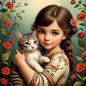 Whimsical folk art picture of a (little sweet girl) and (cat) hugging each other.
,Perfect skin,no