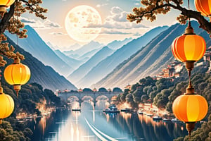 (Best quality, masterpiece, detailed details), Chinese illustration, Chinese traditional festivals, Mid-Autumn Festival, full moon background, many people, detailed details, emotional expressions, a family dinner, the moon, Chinese lanterns, a table of delicious food, Mid-Autumn Festival Festival, traditional culture, there are many people of different styles in the scene, some closer to the front, some closer to the back, full of hidden details, epic scenes, crazy photography 16K resolution,Meimei,1girl,isaku